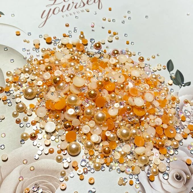 100g Mix Resin Rhinestones Flatback Half Round Pearls Mixed Size 3mm-10mm AB Color Half Pearls Resin Rhinestones for DIY Craft Nail Art Shoes Clothes Phone Case (Orange Series)