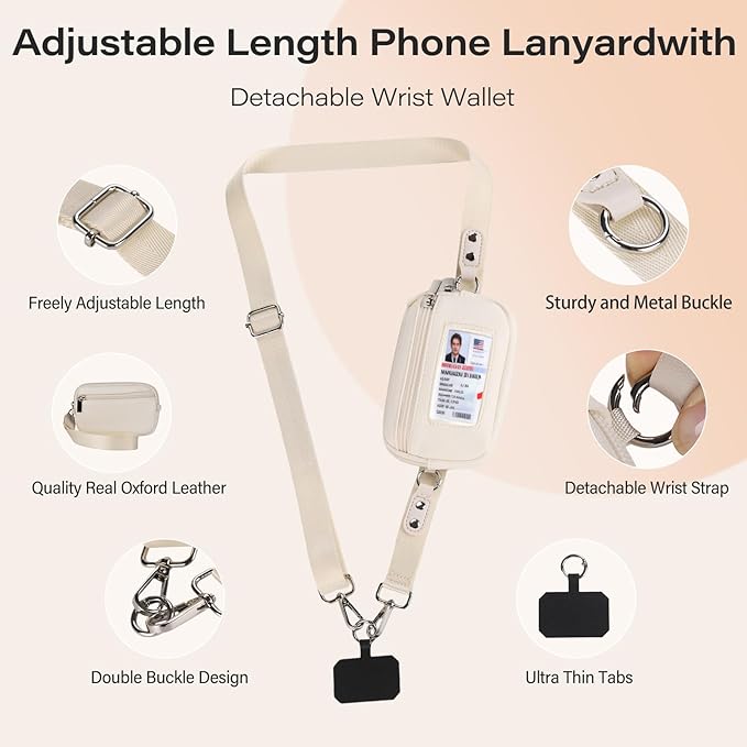 Phone Lanyard Crossbody with Wallet，Detachable Phone Strap Wristlet with ID Window and Zipper，Adjustable Strap for All Phone