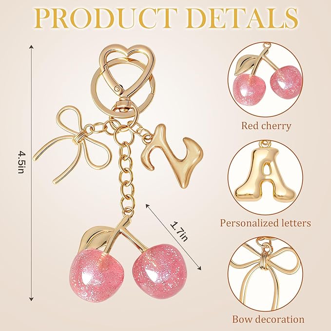Snycler Bubble Initial Keychain with Cherry & Bow - Gold Letter Bag Charms for Women, Cute Purse Handbag Accessories