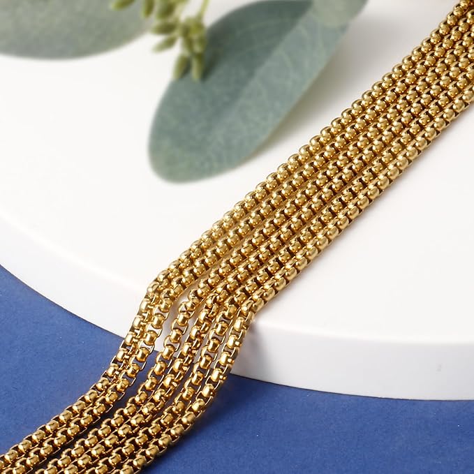 [33FT] 18K Gold Plated Rolo Box Chains for Jewelry Making, 2.5mm Wide 304 Stainless Steel Rolo Link Chain Roll Bulk for DIY Jewelry Making Craft