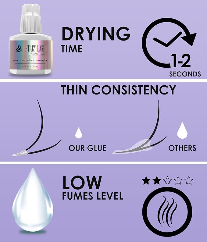 STACY LASH Crystal Clear Eyelash Extension Glue (0.34fl.oz/10ml)/1 Sec Drying Time/Retention – 8 Weeks/Transparent Adhesive/Professional Supplies