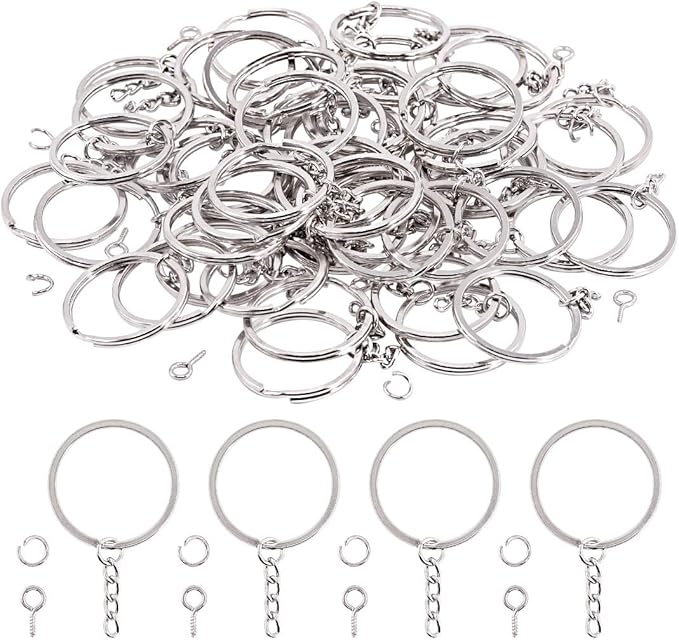 Swpeet 300Pcs 7/5 Inch 35mm Sliver Flat Key Chain Rings Kit, Including 100Pcs Split Keychain Rings with Chain and 100Pcs Jump Ring with 100Pcs Screw Eye Pins Bulk for Jewelry Findings Making