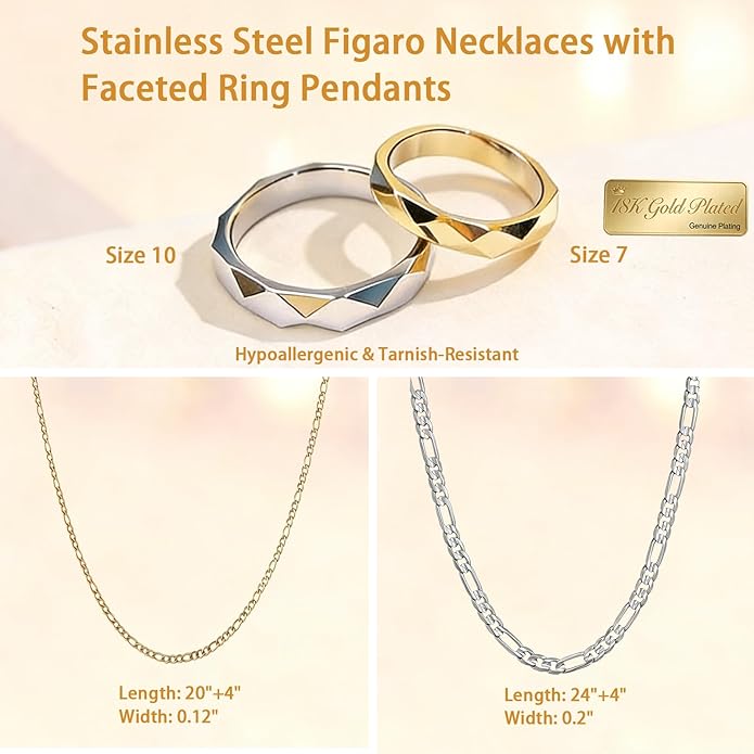 LAOLINTUS Matching Necklace for Couples Necklace Gifts for Women, Valentine’s Day Engagement Gifts for Her, Silver and 18K Gold Plated Figaro Chain for Girlfriend Wife with Double Ring