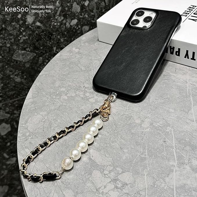 Original Korean Chic Pearl Gold Leather Phone Charm, Versatile with Premium Gold Metal Phone Tab (Lustrous Silver)