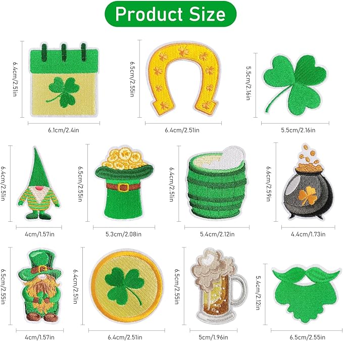 WILDREEDS 32 Pieces Assorted Styles St. Patrick's Day Iron on Patches, Irish Clover Lucky Shamrock Embroidered Patch for Clothing, T-Shirt, Backpacks, Hats, Jeans, Jackets