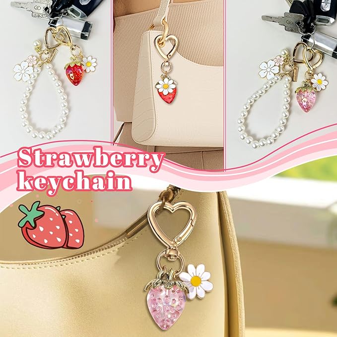 2Pcs Strawberry Keychain Flower Cherry Blossom Keychain Cute Bag Charms Strawberry Gift for Women Girls