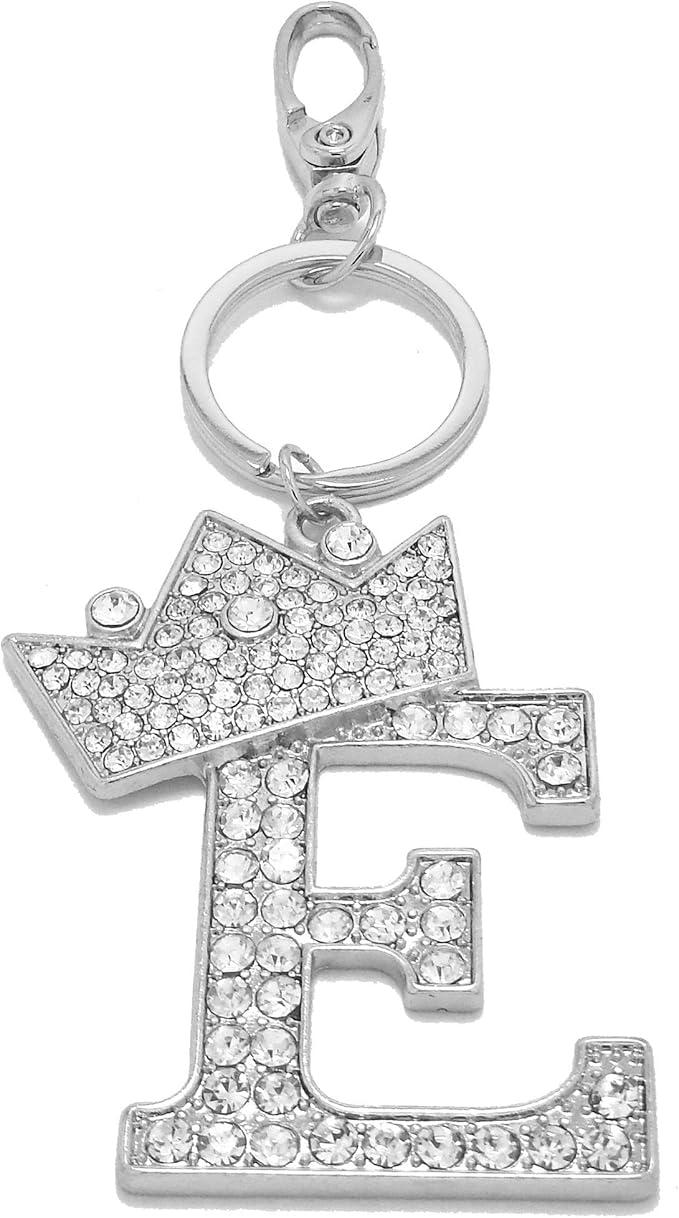 CBC Crown Crystal Rhinestone Letter Initial Keychain, Gold Metal, Bag Charm with Key Ring Approx. 2.17" x 2.56"