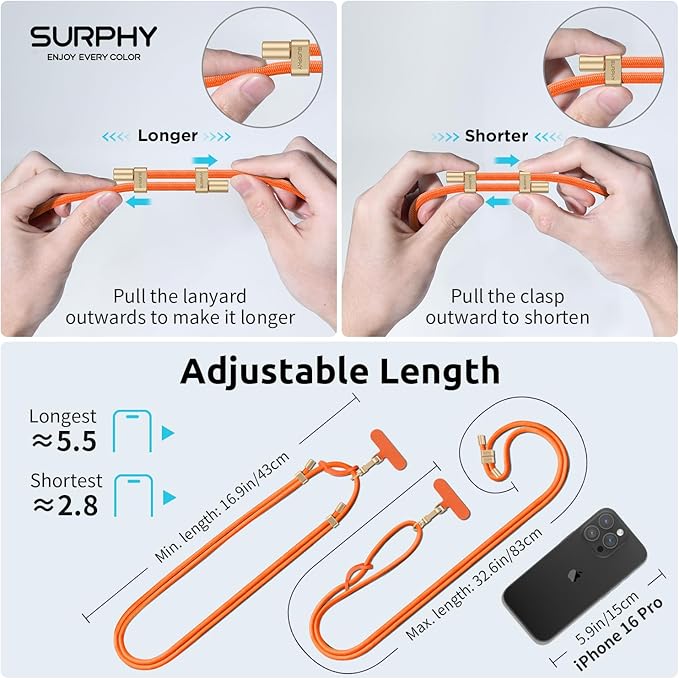 SURPHY Phone Lanyard, Adjustable Phone Strap Crossbody with 2 Pack Cell Phone Tether Tab, Premium Metal Buckles, Skin-Friendly, Universal Cell Phone Lanyard Crossbody for Women and Men, Orange