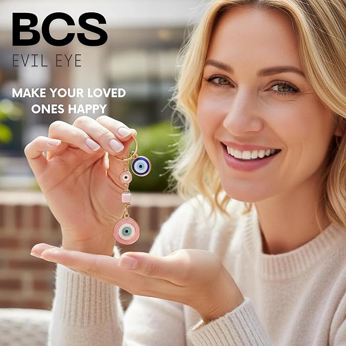 BCS Evil Eye Keychain Bag Charm - Good Luck & Protection Amulet - Car Keyring Purse Accessories for Women