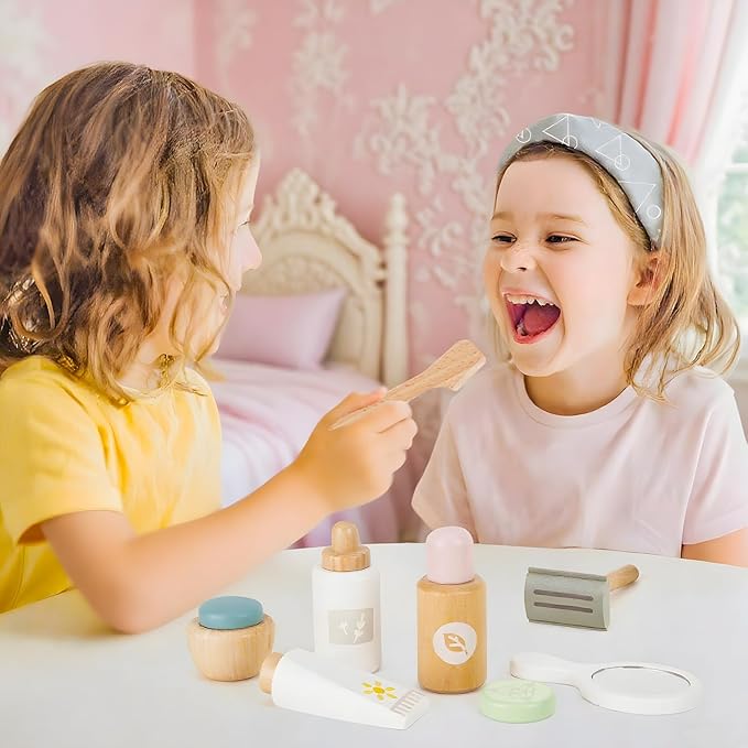 Wooden Makeup Toy Set,Pretend Beauty Play Toys,Skin Care Learning Preschool Toys for Toddler, Salon Toys Beauty Fake Makeup Kit with Facial Mask for Girls 3 4 5 6 7+ Year Old Girls.