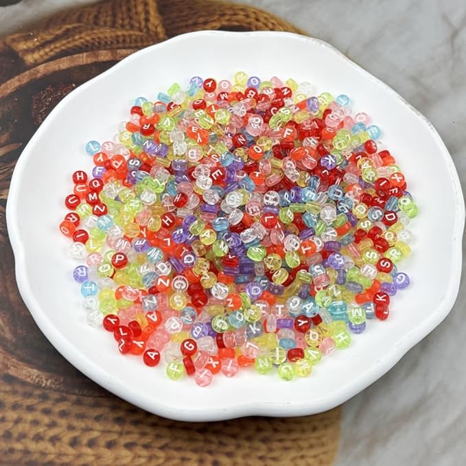 1000pcs Round Letter Beads 4x7mm Acrylic Alphabet Beads Spacer Beads for Jewelry Making Bracelets Necklace Earring Key Chains DIY Craft(K-White Letter Transparent Colorful Bead)
