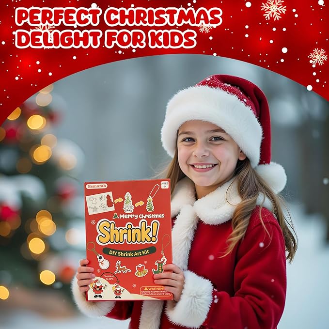 74PCS Shrink Dink Sheets Keychain Kit, Christmas Theme Ornaments Gifts Shrink Plastic Sheets with 6PCS 7.9"x5.7" Pre-Printed Shrinking Film Art Paper for Kids DIY Crafts, Perfect Stocking Stuffer