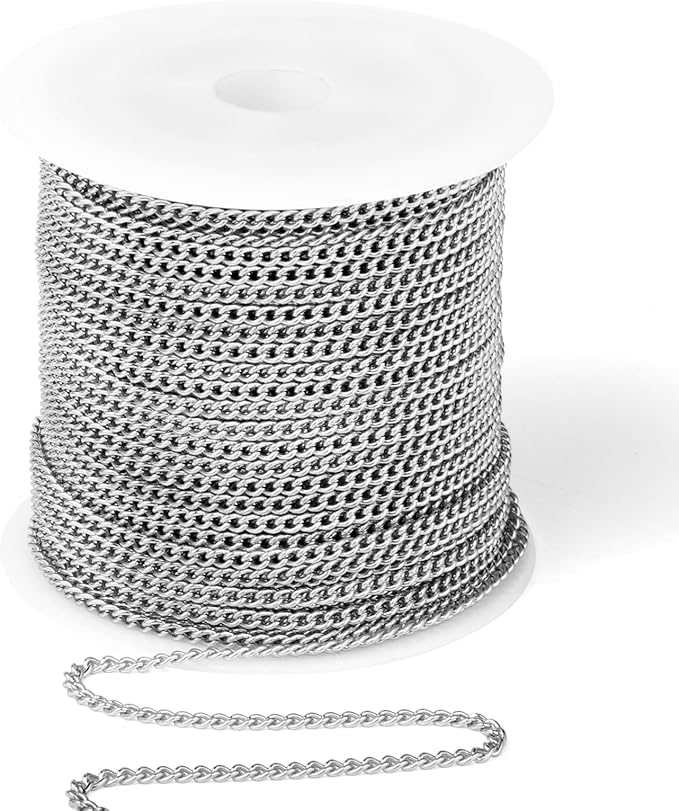 [66 Feet/ 20M] Stainless Steel Curb Chain, 2mm 304 Stainless Steel Chains Flat Twisted Links Curb Chain Bulk for Jewelry Making DIY Craft