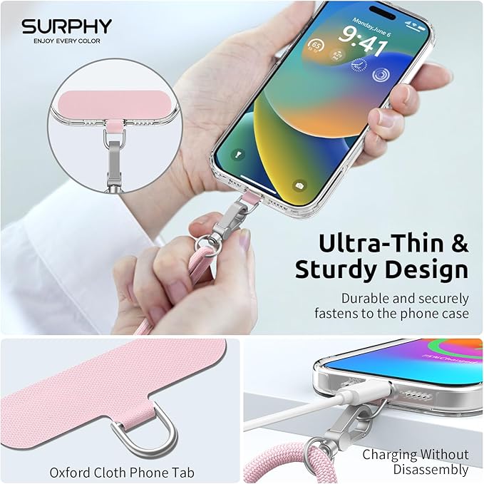 SURPHY Phone Lanyard, Adjustable Phone Strap Crossbody with 2 Pack Cell Phone Tether Tab, Premium Metal Buckles, Skin-Friendly, Universal Cell Phone Lanyard Crossbody for Women and Men, Pink
