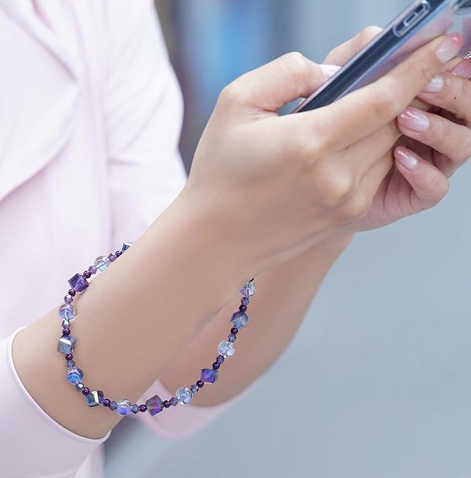 Cell Phone Wrist Strap Crystal Beaded Phone Bracelet Strap For Women Sparkling Beads Wristlet Lanyard Beaded Chain (Night Purple)
