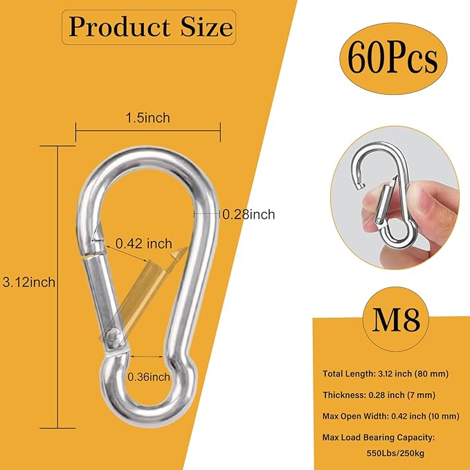 Carabiner Clip Spring Snap Hook, Heavy Duty Spring Snap Hook, Quick Link Keychain Clip for Keys Swing Set Camping Fishing Hiking Traveling