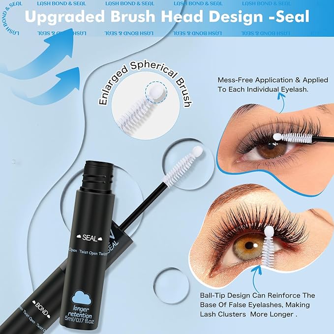 KEVKEV Lash Cluster Glue Upgraded Clear Lash Glue 7 Days Long Lasting 2-3S Fast Dry Lash Bond and Seal 2 in 1 Waterproof Latex-Free Easy To Apply (Clear 10ML)