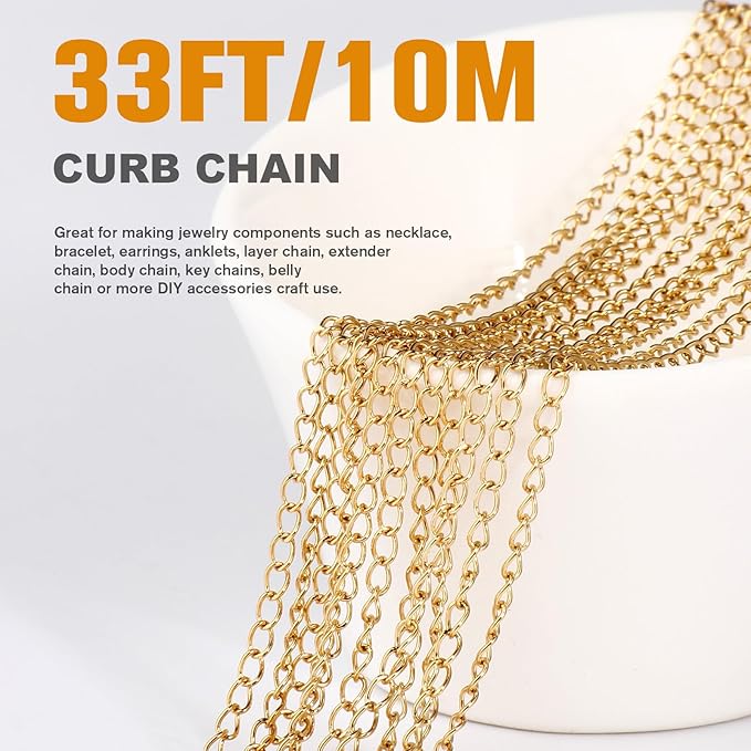 33 Feet 18K Gold PVD Plated Stainless Steel Curb Chain Bulk, 2.5mm 304 Stainless Steel Extension Chain Twisted Link Curb Chains Bulk for Jewelry Making DIY Craft