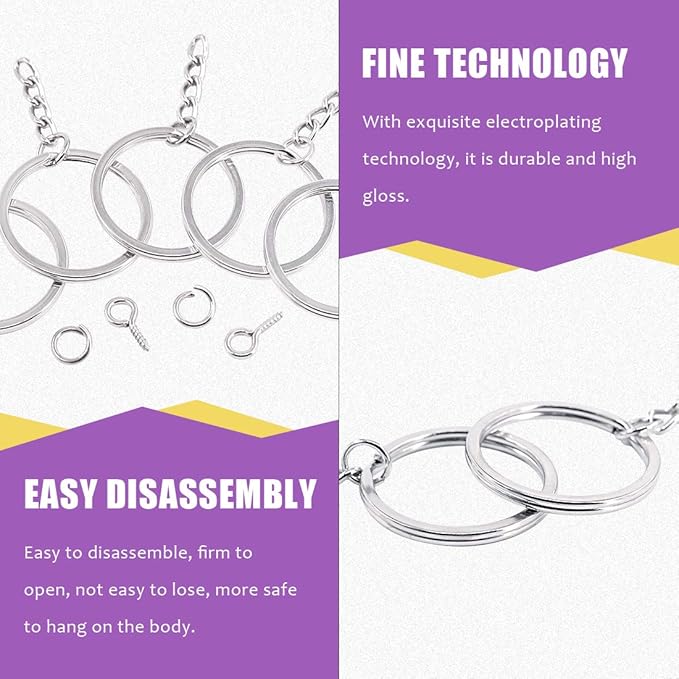 Swpeet 300Pcs 6/5 Inch 30mm Sliver Flat Key Chain Rings Kit, Including 100Pcs Split Keychain Rings with Chain and 100Pcs Jump Ring with 100Pcs Screw Eye Pins Bulk for Jewelry Findings Making