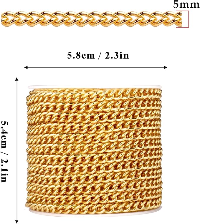 33FT 18K Gold Plated Stainless Steel Curb Chain Roll, 5mm 304 Stainless Steel Flat Twisted Links Curb Chains Bulk for Jewelry Making Necklace DIY Craft