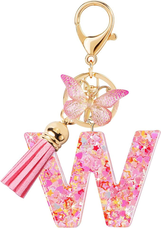 Initial letter Keychains for Women Girls Tassel Butterfly Cute Keychain for Wallet Backpack charm