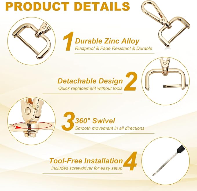 YELARXI Swivel Clasps Hook, 1-1/4 Inch ID Detachable Snap Hook W/Screw Bar D Ring Claw Clasp with Screwdriver Fit for Lanyard Bag Leather Craft Purse Hardware DIY Bag (4 Pack, Light Gold)