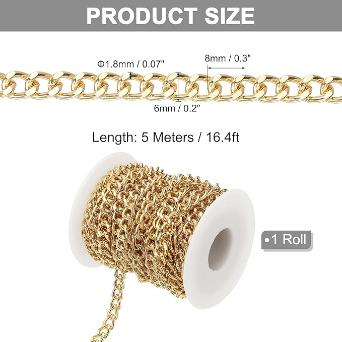 PATIKIL 16.4Ft Aluminium Curb Chains Twisted Links, 8x6mm Curb Chain Spool Jewelry Making Chains Craft Chain for Necklace Bracelet Earring, Gold