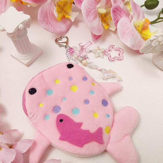 Adorable Whale Shark Coin Purse Keychain,Soft Plush Zipper Coin Purse,Handmade Purse Bag Charm Gift for Women (Pink)