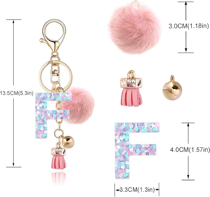 Resin Alphabet Initial Letter Keychain Keyring for Women Purse Handbags With Fur Ball Pom