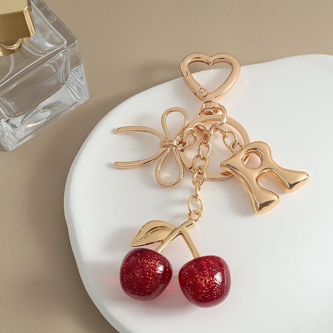 Snycler Bubble Initial Keychain with Cherry & Bow - Gold Letter Bag Charms for Women, Cute Purse Handbag Accessories