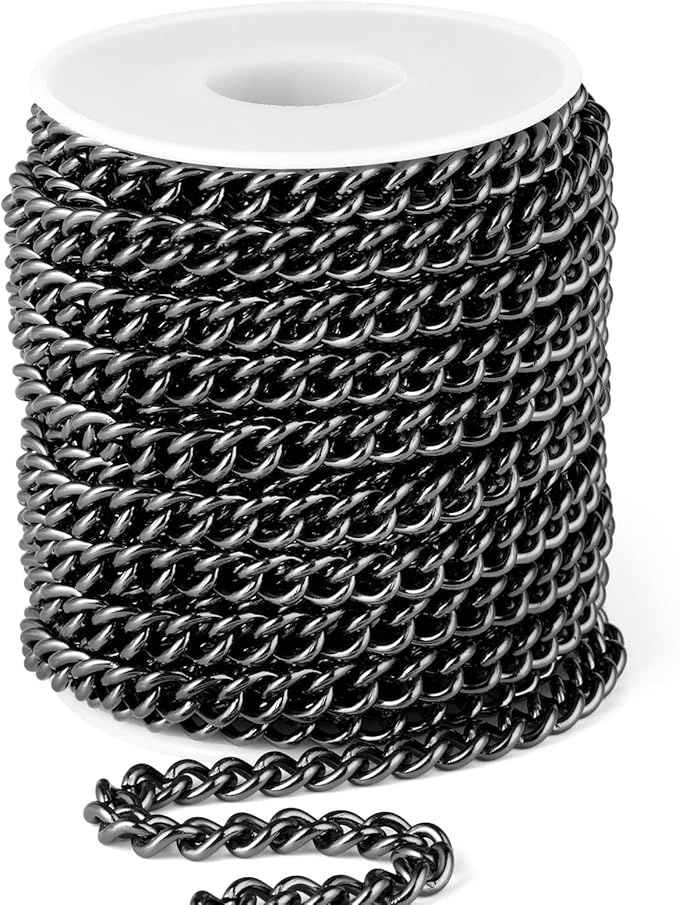 16.5FT Gunmetal Stainless Steel Curb Chains Roll, 7mm 304 Stainless Steel Black Flat Twisted Links Curb Chains Bulk Spool for Jewelry Making DIY Craft