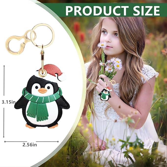 Leather Keychain Holder Case Compatible with AirTag,Cute Protective Cover with Keyring,Anti-Scratch Finder GPS Tracker Case for Wallet Keys,Bag,Pets(Penguin Green)