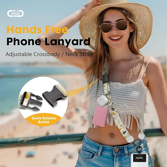 Phone Lanyard Crossbody, Floral Bee Cell Phone Strap for Around The Neck Adjustable, Flower Teacher Anti Theft Cute Lanyard for iPhone Case ID Holder Keys Accessories Travel Essential