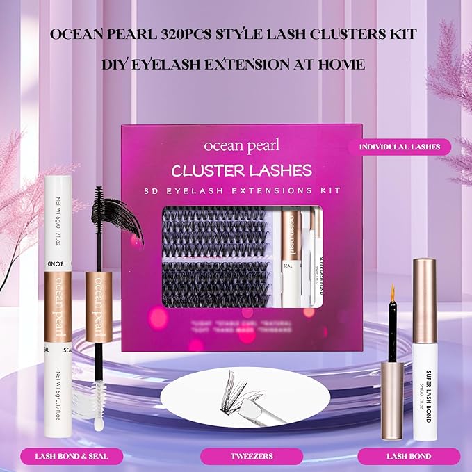 Ocean Pearl Lash Clusters 320PCS 11-20mm Lash Extension Kit 30D+40D+60D Eyelash Extension Kit Individual Lashes Thick Eyelash Clusters Lashes Clusters with Eyelashes Bond+Seal+Adhesive+Tweezer-60D