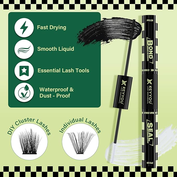 KEYYOU Lash Bond and Seal Black Bond and Seal Lash Glue 10ML Lash Cluster Glue Mascara for Long Lasting WaterProof Lash Extension Black-5ml+5ml