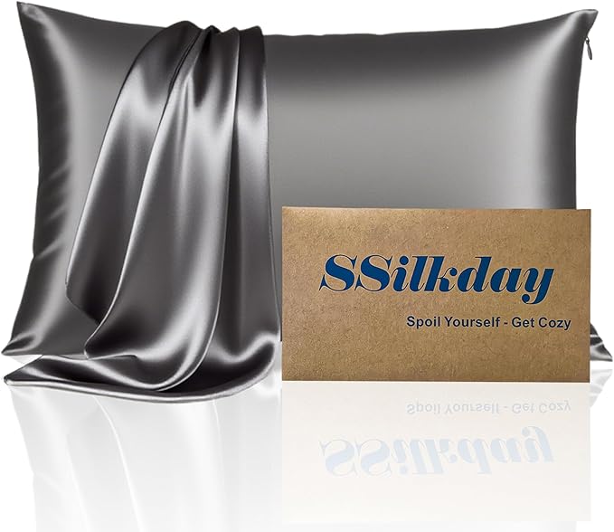 Mulberry Silk Pillow Cases with Zipper, Ultra Smooth Soft Breathable Cooling Pillow Cases for Hot Sleepers, Silk Satin Pillowcase for Hair and Skin, Gifts for Women (Dark Grey, King Size, 1 Pack)