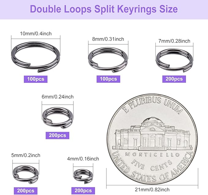 1000pcs Double Jump Ring for Jewelry Making, 6 Sizes Mini Split Ring Double Loops Split Jump Rings Metal Rings Connectors for Necklace Bracelet Car Keys DIY Craft Making(Gun Color)