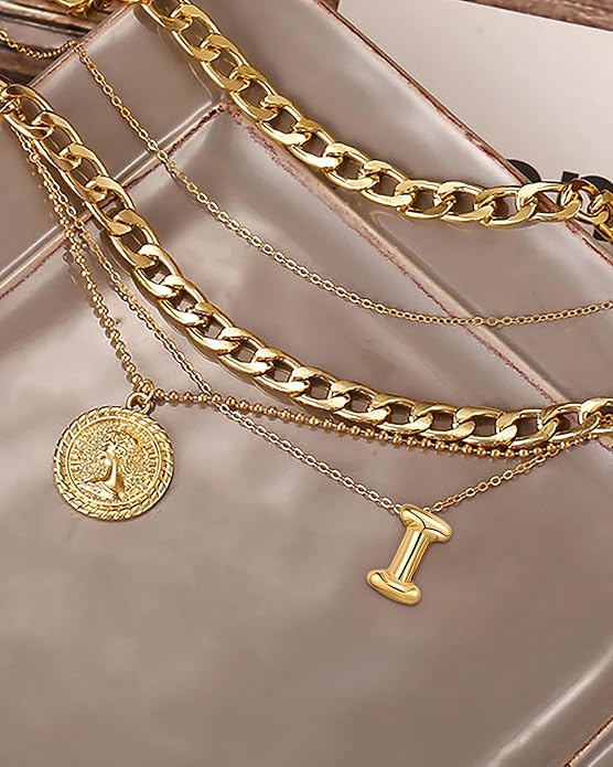 MJartoria Layered Necklaces for Women Trendy Balloon Initial Coin Pendant Necklace Dainty Chunky Chain Choker Necklaces Jewelry Birthday Gifts