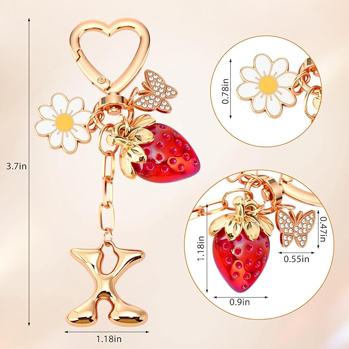 Strawberry Initial Keychain for Women-Cute Kawaii Gold Alphabet Bag Charms, Key chain Gift for Purse Handbag