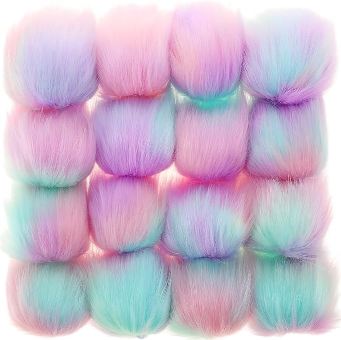 Tatuo 16 Pcs Faux Fur Pom Poms for Hat 4 Inches Large Fluffy Pom Balls for Crafts Knitting Beanies Shoes Scarves Bag Pompoms Keychain Charms Winter DIY Accessories (Light Rainbow)