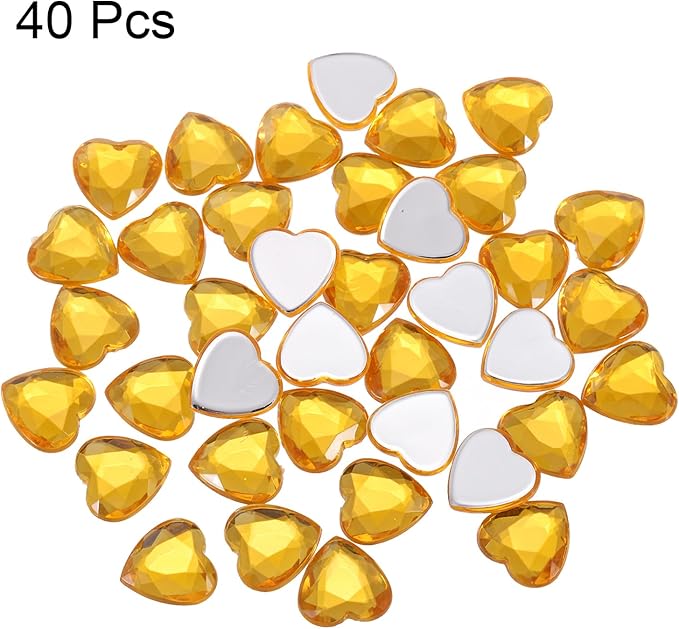 MECCANIXITY 40 Pcs Acrylic Heart Rhinestone 12mm Flat Back Plastic Gems Jewelry Stickers for Craft Bead Face Painting Costume Jewelry Making, Golden