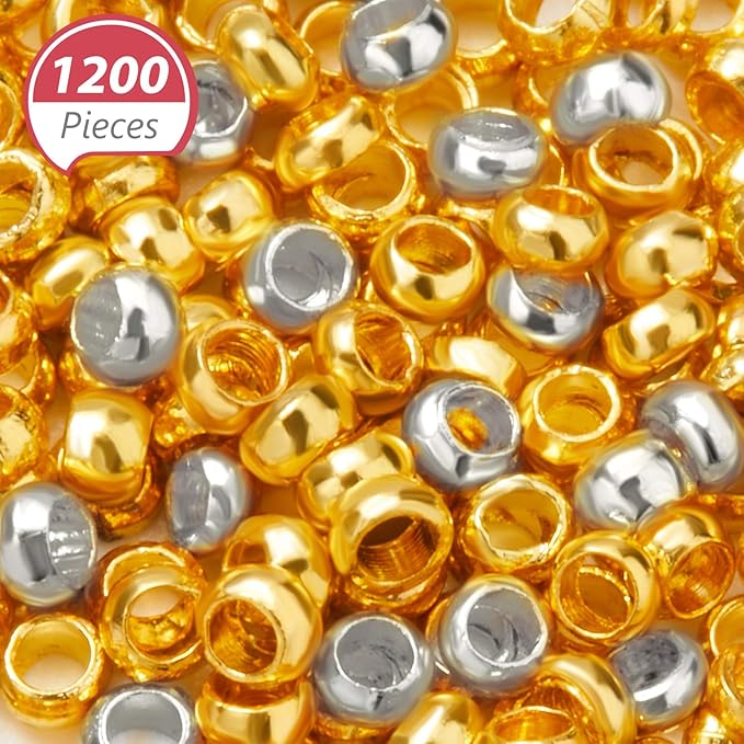 Hicarer 1200 Pieces Crimp Beads Metal Round Spacers Stopper Beads Clamp Ends for DIY Necklace Bracelets Jewelry Making Supplies(2 mm,Silver and Gold)