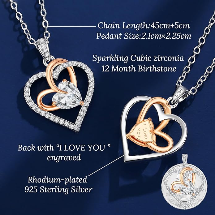 OOBEE Birthstone Necklaces for Women, 925 Sterling Silver Gemstone Fine Love Heart Moissanite Necklace, Ideal Birthday Anniversary Mothers Day Jewelry Gifts for Wife Mom Girlfriend Her