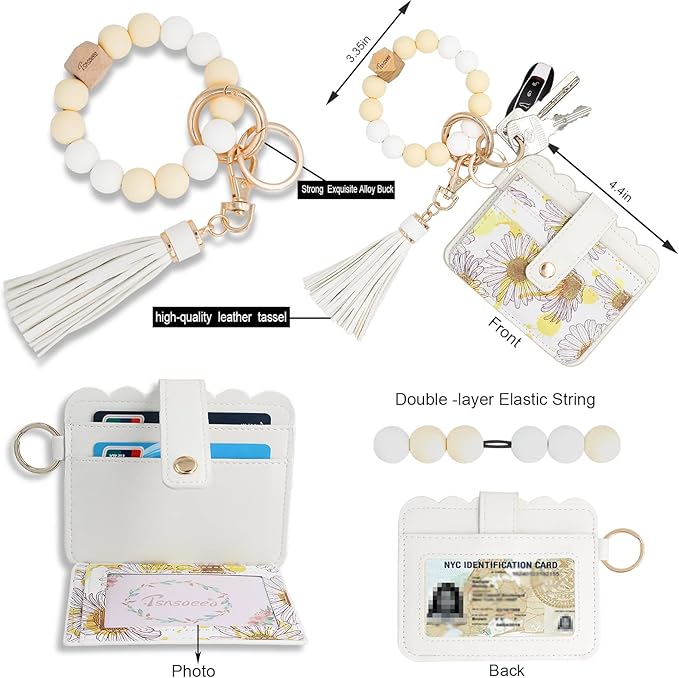 Keychain Wallet Wristlet Small Credit Card Holder Bracelet Key Chain Purse Bangle Tassel Beads Key Rings for Women