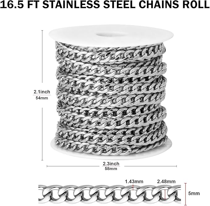 [16.5 FT] Silver Curb Chains for Jewelry Making, 5mm Wide 304 Stainless Steel Cuban Link Chain Roll Bulk for DIY Jewelry Making Craft