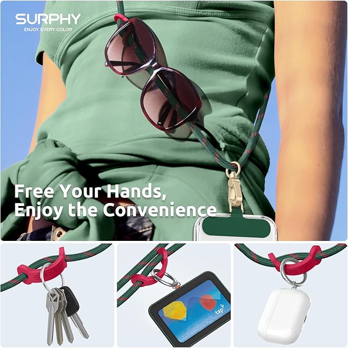 SURPHY Phone Lanyard Crossbody, Adjustable Cell Phone Lanyard with 2 Pack Phone Tether Tab, Two-Color Braided Phone Strap (Christmas Green)