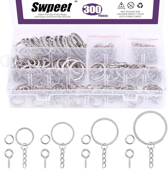 Swpeet 300Pcs Sliver Flat Key Chain Rings Kit, 100Pcs Keychain Rings with Chain and 100Pcs Jump Ring with 100Pcs Screw Eye Pins Bulk for Jewelry Findings Making - 4/5 Inch, 1 Inch, 6/5 Inch, 7/5 Inch