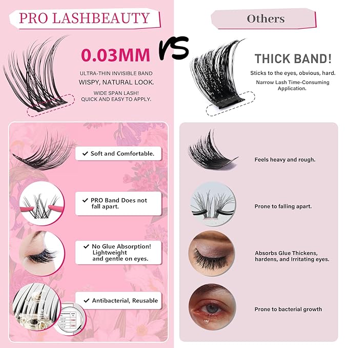 PROLASHBEAUTY Natural Lash Clusters Wispy Lashes Invisible Band Eyelash Clusters CC Curl Individual Lashes Natural Look Lashes Clusters with Super Thin Band Reusable Soft & Comfortable (Nira,8-16mix)