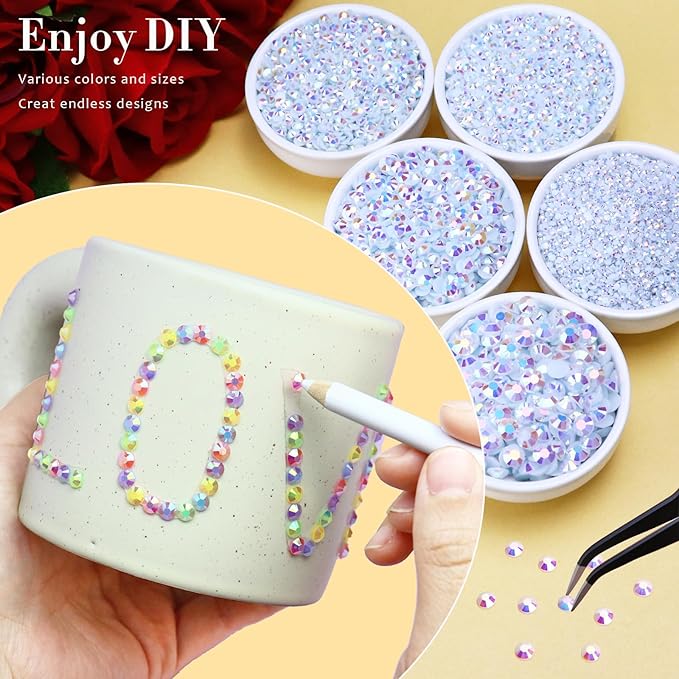 25000PCS White AB Jelly Resin Rhinestones, Mixed 2MM 3MM 4MM 5MM 6MM Flatback Rhinestone for Crafts Tumblers Bags Graduation Cap Celebration Makeup Bling Decoration with B7000 Glue