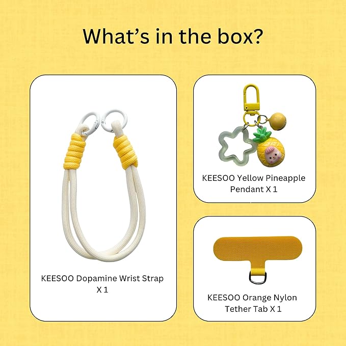 Dopamine Vibes Universal Wrist Strap - Korean-Style Short Phone Lanyard with Cute Yellow Pineapple Charm, 7mm Rope, Trendy Anti-Theft Tether for Girls, Includes Pendant & Nylon Phone Tab